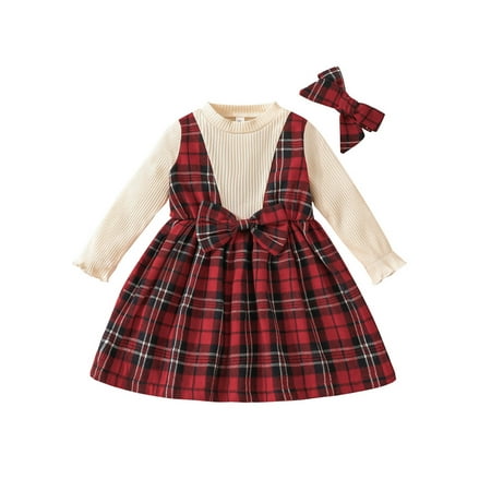

AMILIEe Little Baby Girl Christmas Dress Plaid Print Long Sleeve Fake Two Piece Patchwork A-Line Dress and Bow Hairband