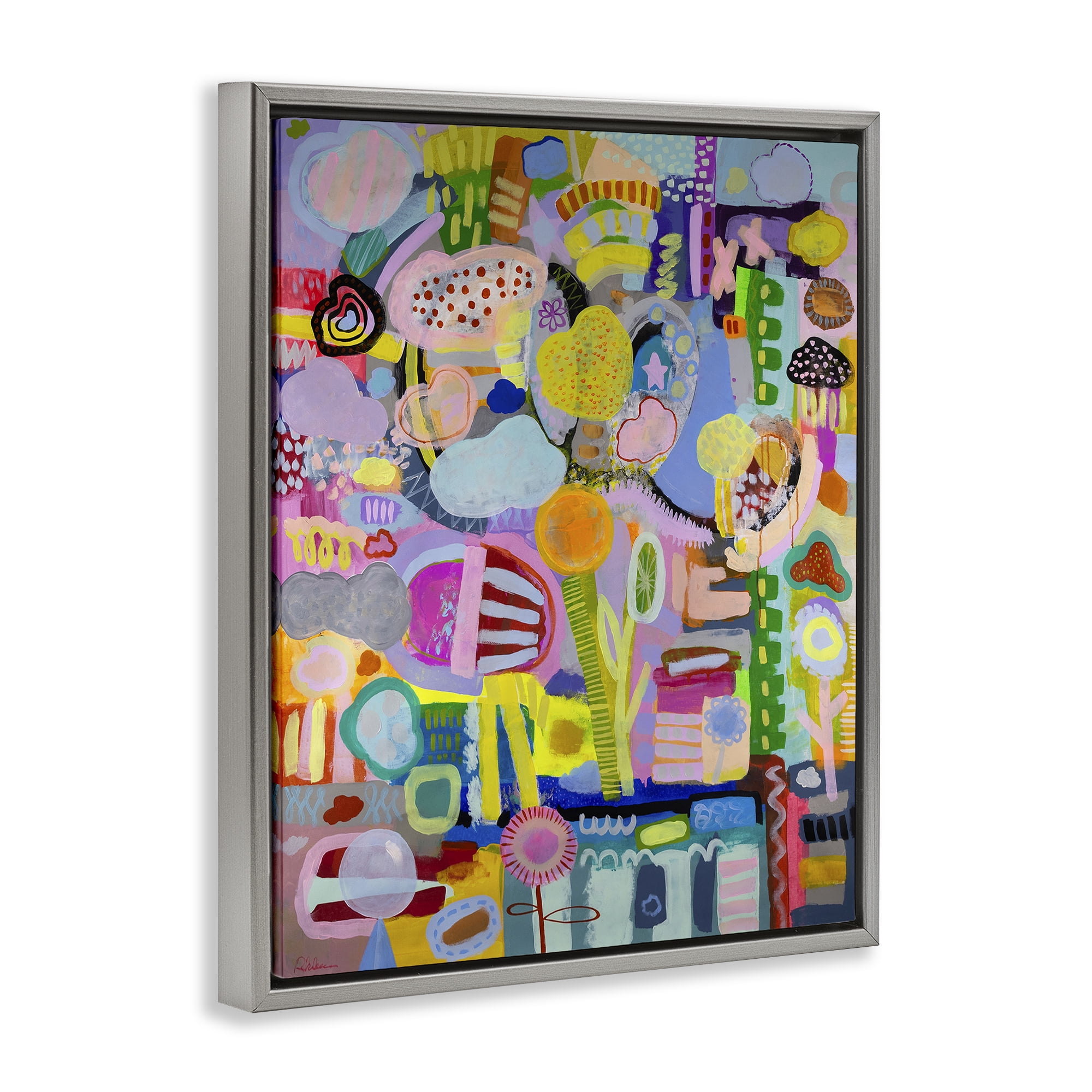Stupell Industries Big Happy Whimsical Collage Gray Framed Floater Canvas Wall Art, design by Mary Robertson