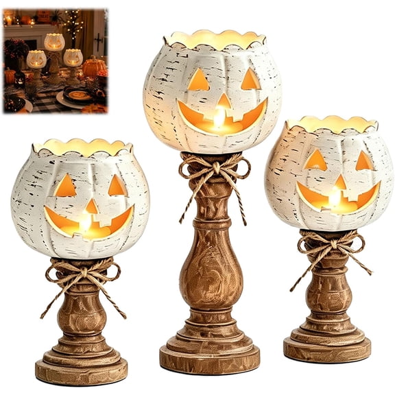 RPKPR Rustic White Pumpkin Tealight Candle Holder Set, 3 Pcs Farmhouse Halloween Pumpkin Tea Light Holder, Fall Table Centerpiece Decor for Halloween & Thanksgiving Party