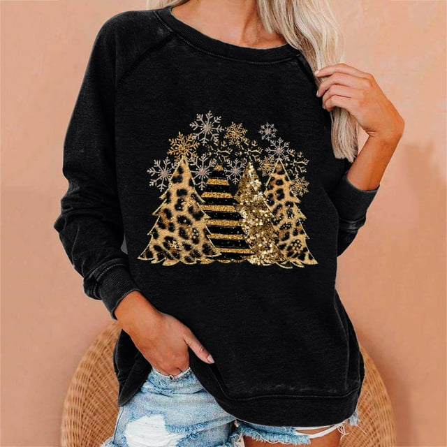 Jsaierl Sweat-Shirt de Noël pour Femmes Léopard Arbre de Noël Manches Raglan Col Rond Vintage Pull Décontracté Vacances 2024