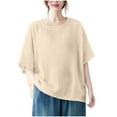 thumbnail image 1 of Vestidos Casuales Para Mujer, Blusas De Mujer De Moda Blusa de mujer de color liso de imitación de lino con hombros descubiertos, manga corta, cuello redondo y dobladillo con abertura, 1 of 5