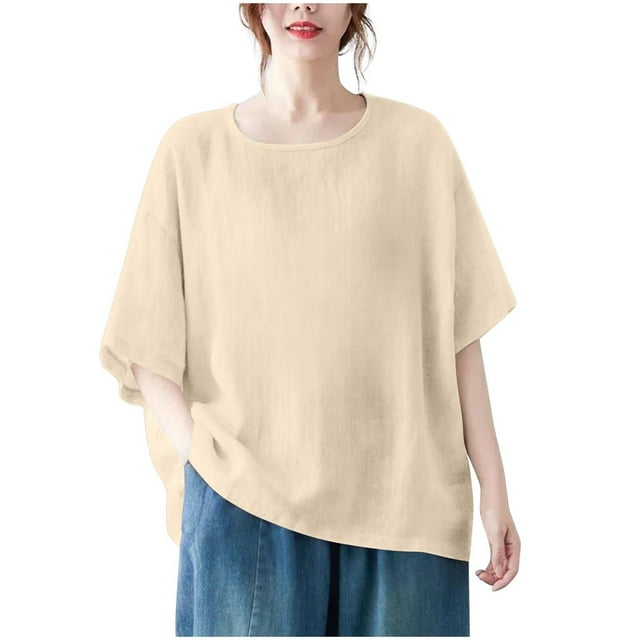 Vestidos Casuales Para Mujer, Blusas De Mujer De Moda Blusa de mujer de color liso de imitación de lino con hombros descubiertos, manga corta, cuello redondo y dobladillo con abertura