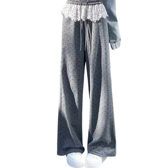 MeetoTime Women's Polka Dot Print Wide Leg Pants Fashionable Elastic Waist Drawstring Pants Casual Lace Trim Trousers