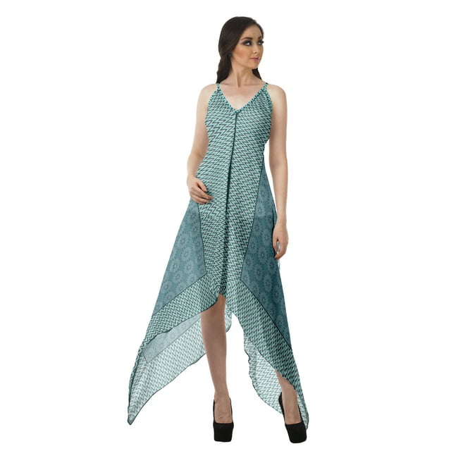 Moomaya Robe à Ourlet en Foulard pour Femmes, Imprimée, Col en V, Ourlet Asymétrique
