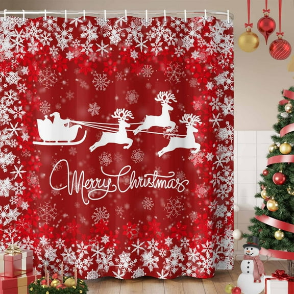 Christmas Elk Shower Curtain, Winter Santa Claus Xmas Snowflakes Red Waterproof Fabric Shower Curtains with 12 Hooks, Bathroom Curtain Set for Bathroom Accessories Decor, 72 x 96 Inches