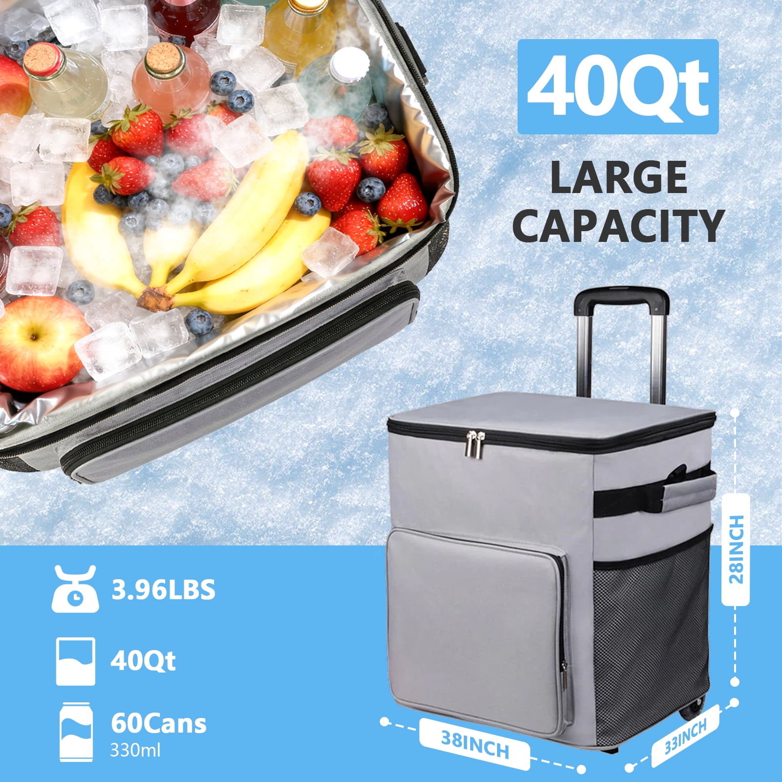 Merryhome Cooler with Wheels, 60-Can 40 Qt Rolling Cart Soft Cooler Bag, Foldable Leak-Proof Cold Retention Cooler for Camping, Beach, Grocery
