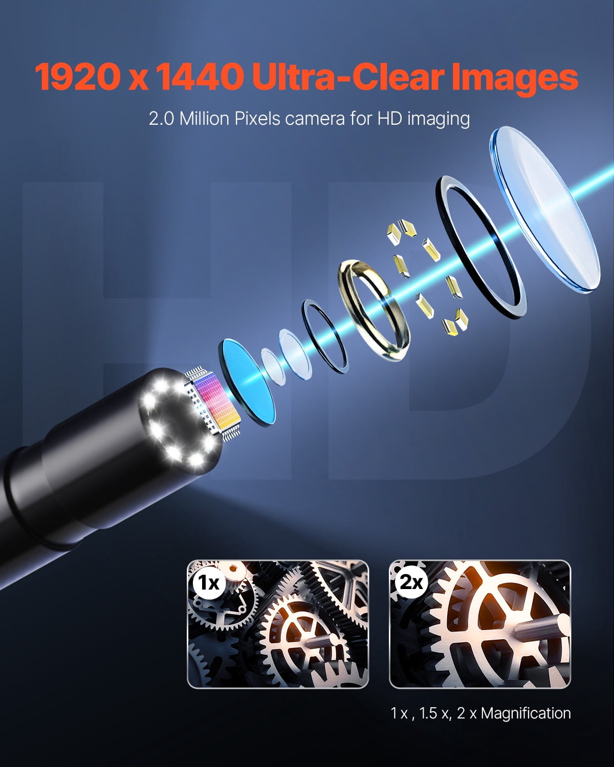 VEVOR Endoscope Camera with Light, 1920P HD Borescope for Android & IOS, 8 LED Lights Inspection Camera with 16.4FT Semi-Rigid Cable, 2X Zoom, IP67 Waterproof Snake Scope Camera for Auto, Plumbing
