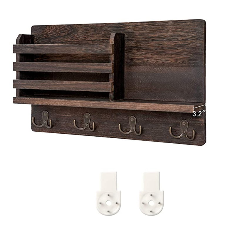 Wooden Shelf with 2 pockets Hanging Hooks Letter Rack Post Tray Storage System 