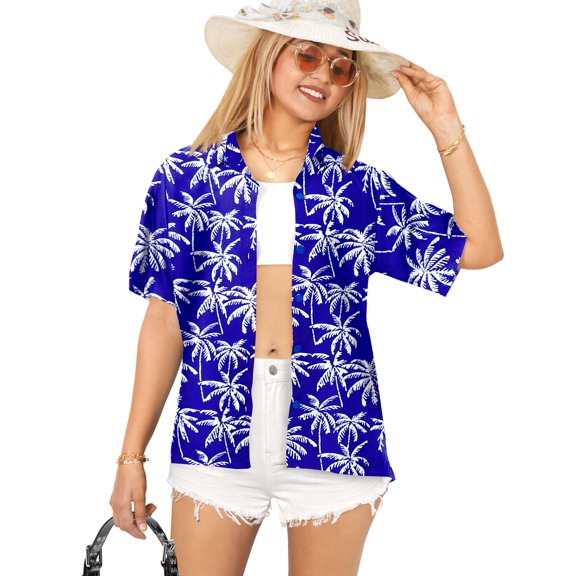 HAPPY BAY Button Down Shirt for Women Casual Summer Beach Party Blouse Shirt Collared Blouses Short Sleeve Tropical Tee Hawaiian Shirts Tops for Women S Allover Palm, Royal Blue