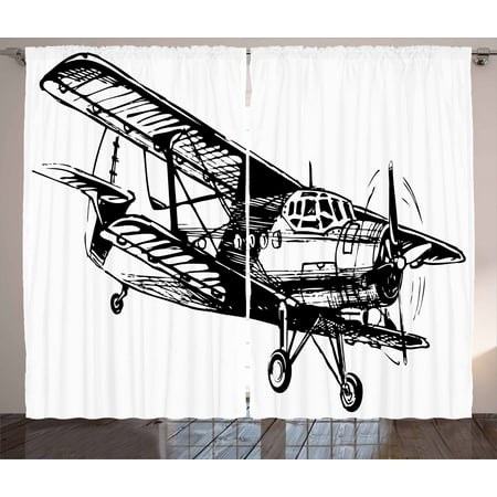 Vintage Airplane Decor Curtains 2 Panels Set Drawing Of Monoplane