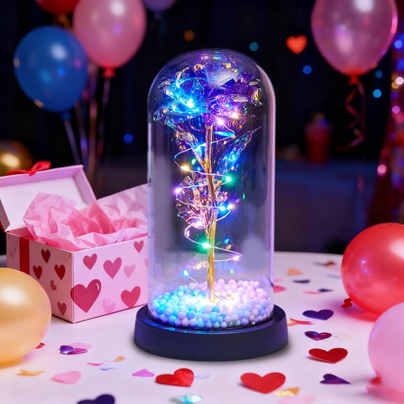Steadline Gold Leaf Rose Glass Dome Decorative Ornament With LED Lights And Foam Beads Base Valentines Birthday Gift Luxurious Home Decor Christmas New Year Present(Purple)