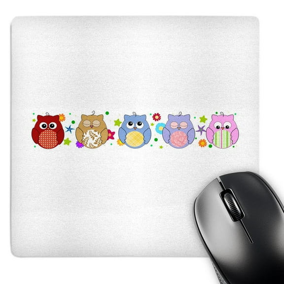 3dRose, Cute owls in a row - colorful sweet cartoon owl design - girly multicolor birds and flowers - floral, MousePad