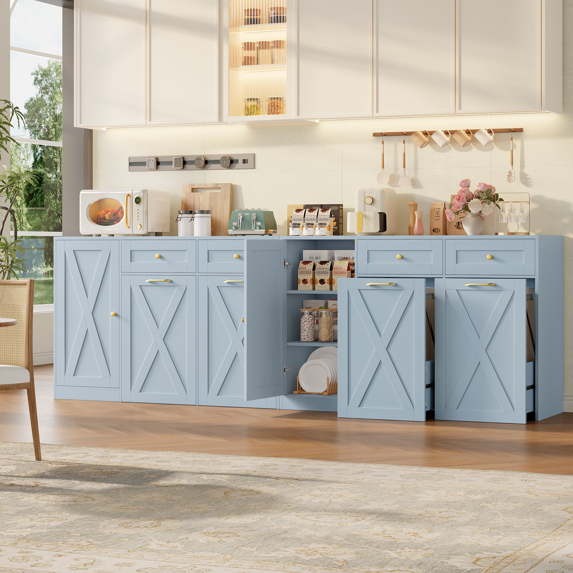 Homfa 47.2"W Kitchen Sideboard Credenza, Trash Can Cabinets Fits 12.5 Gallon Can, 2 Drawer Wood Buffet Storage Cabinet with Adjustable Shelf, Blue