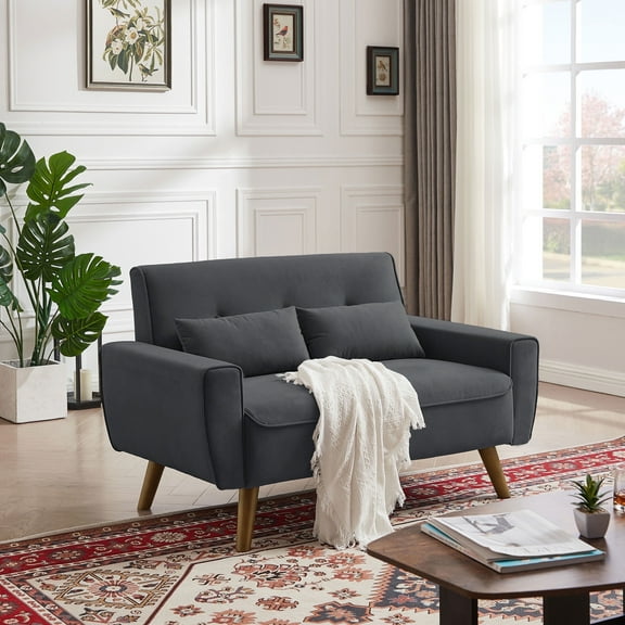 Soscana Small Loveseat 2-seater Sofa Mid Century Modern Love Seat Couch with Throw Pillows and Wooden Legs for Living Room Bedroom Apartment Office Small Space