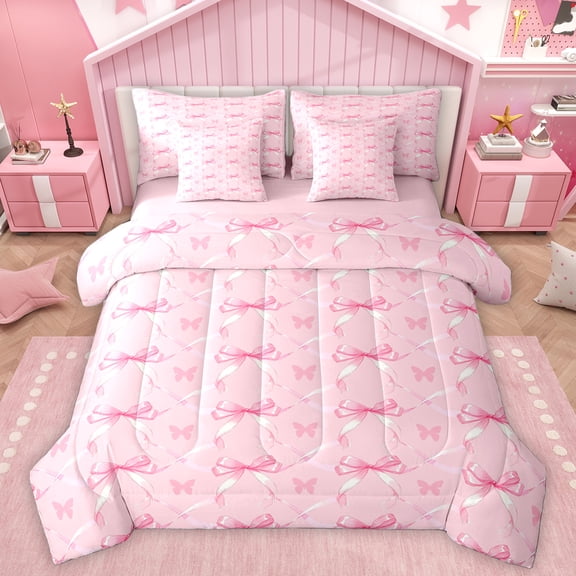 Homewish Girly Pink Bow-tie Twin Bedding Sets 7-Piece for Kids, Kawaii Cartoon Bow Bedding Comforter Set, Princess Style Reversible Sheet Sets, Super Cozy Room Decor