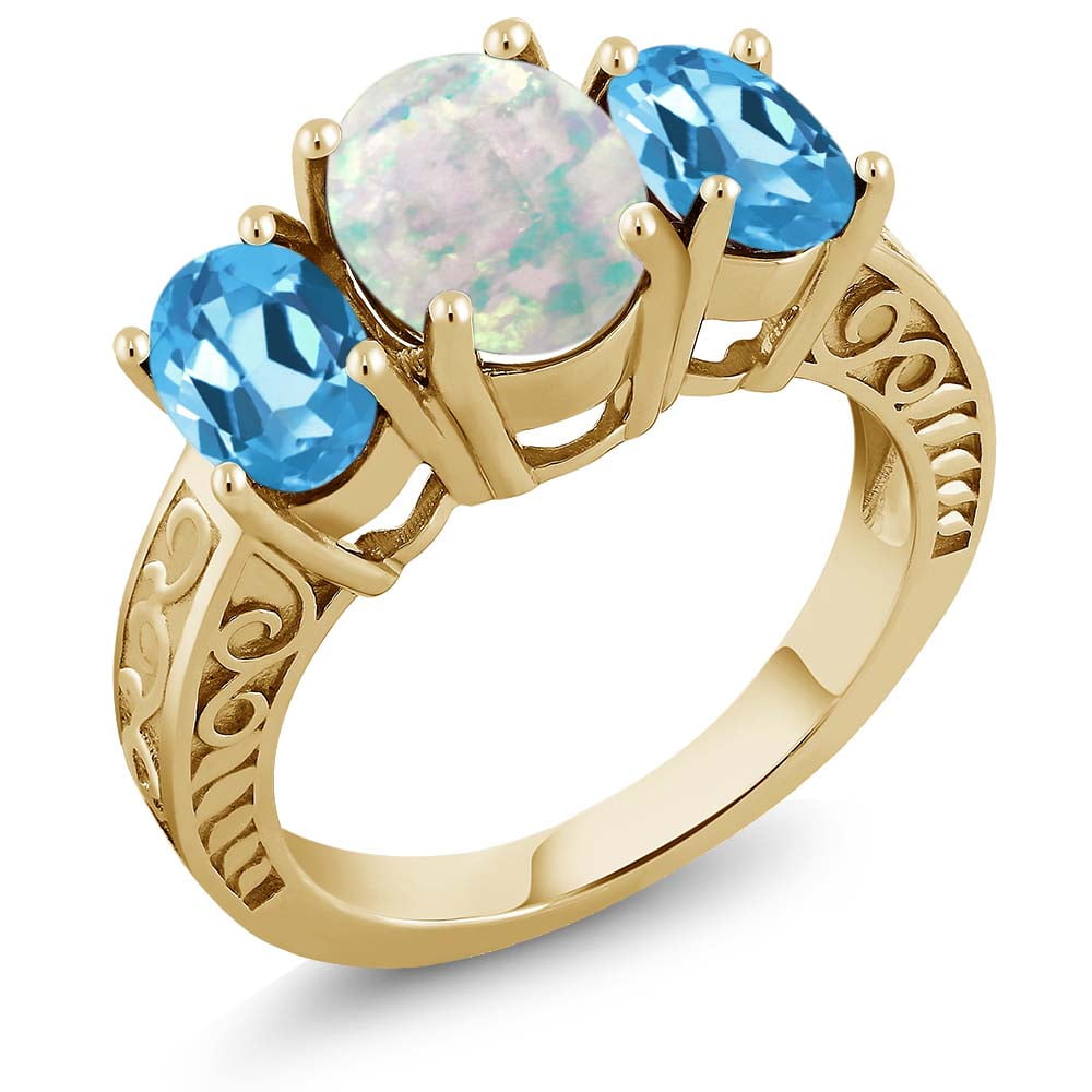 2.50 Ct White Simulated Opal Swiss Blue Topaz 18K Yellow Gold Plated Silver Ring by