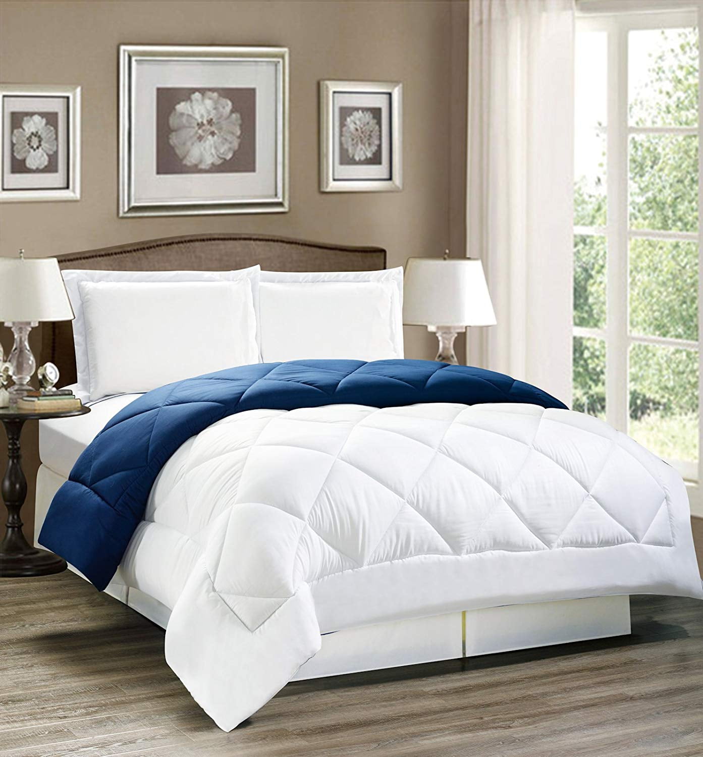 2pc Down Alternative Reversible Comforter Set Navy Blue and White Twin Size