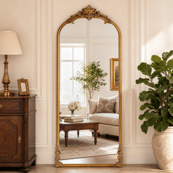 EVARNIO 69"x28" Vintage Full Length Mirror Arched Floor Mirror Baroque Style Wall Mounted Mirror Ornate Decor Mirror with Stand, Antique Bronze