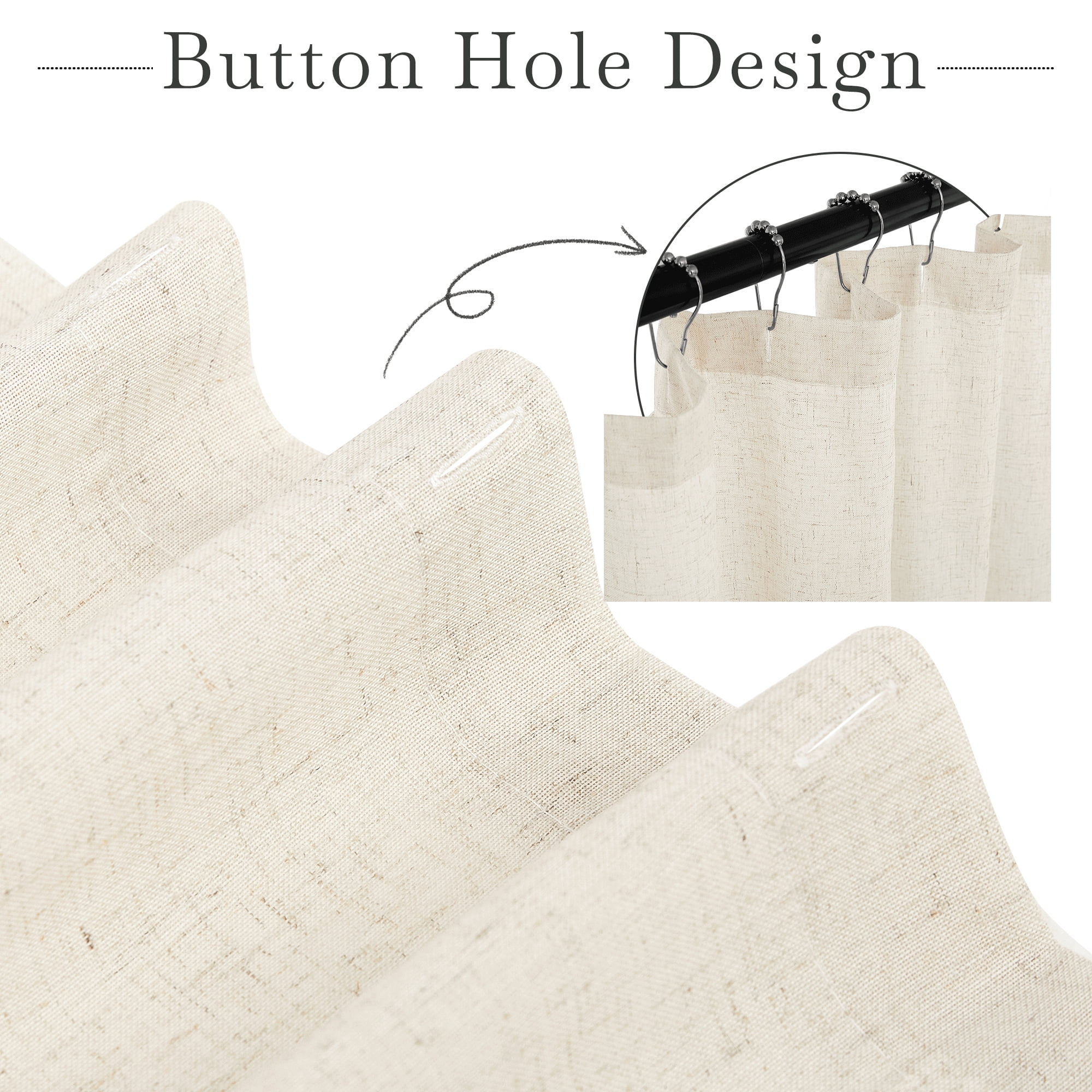 NICETOWN Natural Linen Shower Curtain for Bathroom Lightweight Waterproof Linen Blend Button Hole Semi Sheer Shower Curtains for Bathtub, 72"x72", Hooks Included