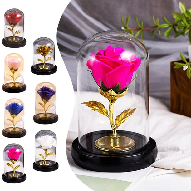 Lámpara de noche LED con forma de rosa y cúpula de cristal - Regalo de flor eterna preservada con base luminosa - Adorno decorativo romántico para ella - Rosas iluminadas en 3D de 16 cm para