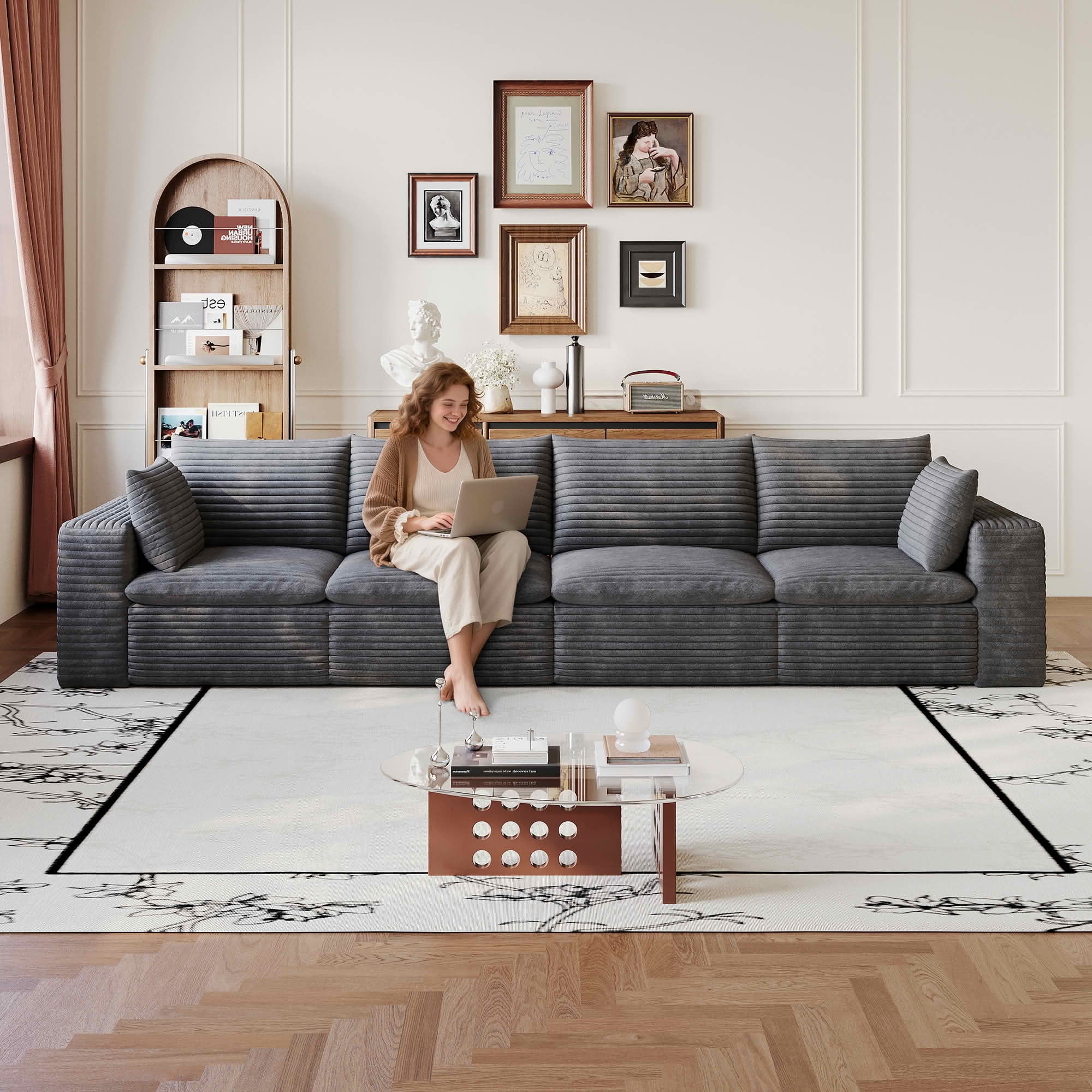 MAYEERTY 134 Inch Corduroy Cloud Floor Sofa, Modular Couch with Detachable Double-Layer Cushion, No Assembly Furniture for Home & Office