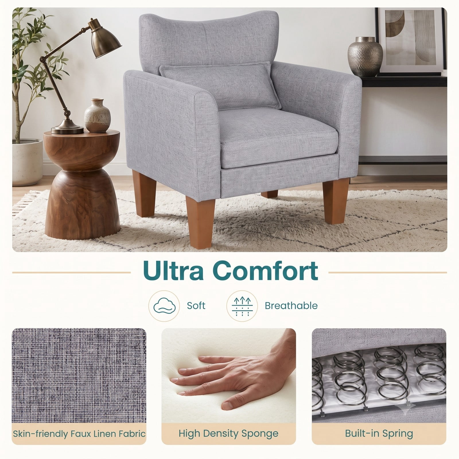 Furnibear Modern Accent Chair with Removable Seat Cushion and Lumbar Pillow, Faux Linen Upholstered Armchair for Living Room Bedroom Office Reading Nook, 350 lbs, Gray