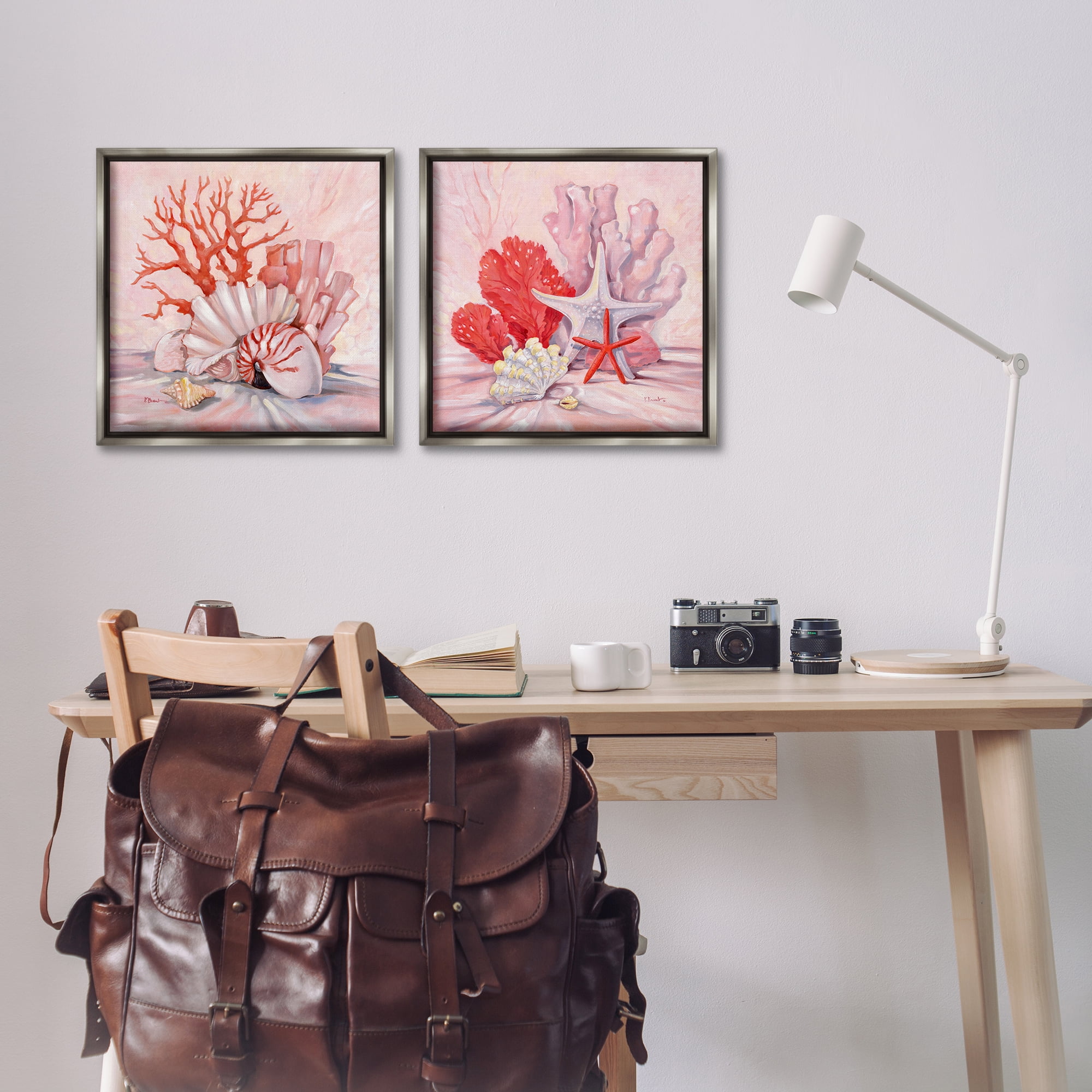 Stupell Industries Pink Coral Still Life Nautical & Beach Painting Gray Floater Framed Canvas Art Print Wall Art, 18 x 18, Set of 2