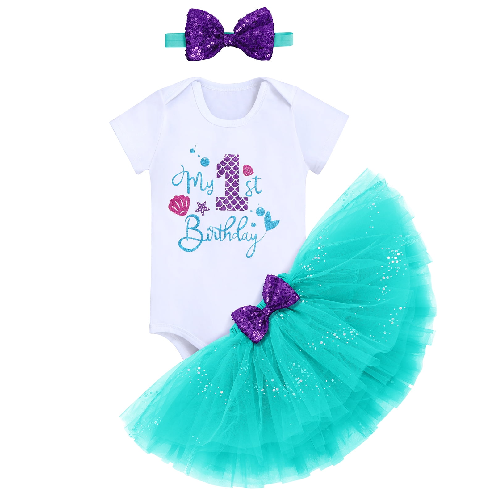 IBTOM CASTLE Toddler Baby Girls Mermaid 1st Birthday Outfit Princess Romper + Tutu Skirt + Shiny Bowknot Headband Cake Smash Clothes Set, 3-Piece