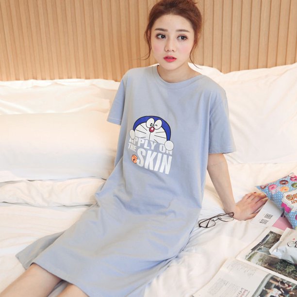 Hello Kitty Camisón De Las Mujeres De Verano De Manga Corta Doraemon Bob Esponja Suelta Media Longitud Falda De Dibujos Animados Lindo Pijamas Ropa De Hogar