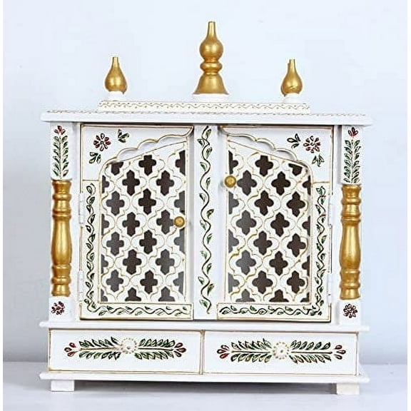 Wooden Temple Handcrafted Hindu Hanging Puja Mandir /Mandir With Doors And Storage Cabinet/ Home Decor Or Office Household Shrine for Diwali