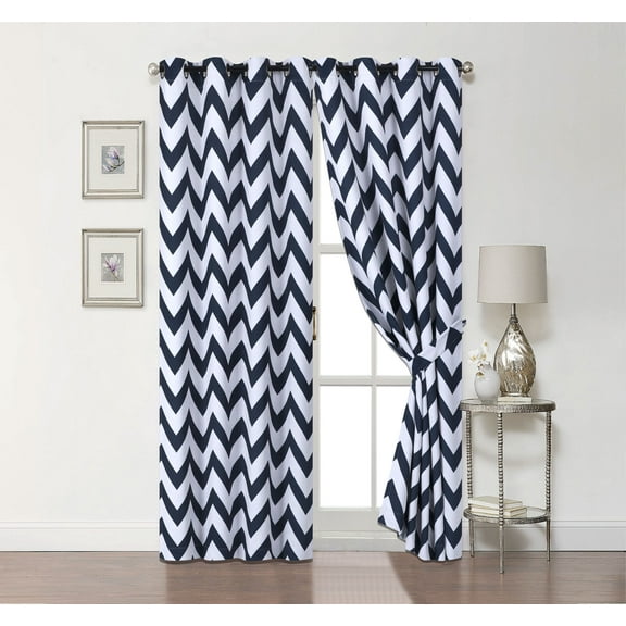 2 Pack: Chevron 100% Blackout Curtains W/ Tiebacks - Navy, 95 In. Long