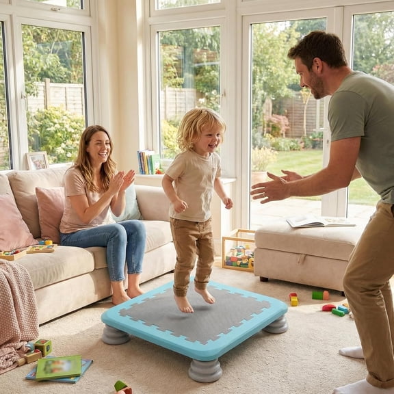 Funjoypals 25.6 Inch Quiet Indoor Mini Trampoline for Kids, Sensory Training Space-Saving Home Fitness Trampoline, Blue