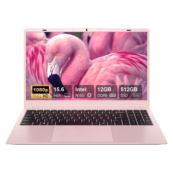 RNRUO 15.6" Windonws 11 Laptop, 12GB DDR5 512G SSD, Up to 3.6GHz Intel N150 Quad-Core, Office 2024 Fingerprint Backlit KB WiFi 6 BT 5.2, 1080 FHD Display for Student, Business, Home Office, Pink