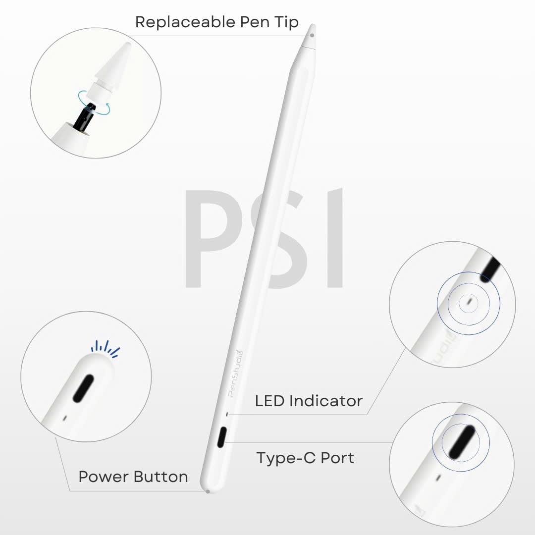 Penstudio PS1 Stylus Pen for Apple iPad 2018–2025 | Best Apple Pencil Alternative | USB-C 2X Faster Charge | Pixel Precision | Tilt Sensitivity & Palm Rejection | Durable Metal Tips