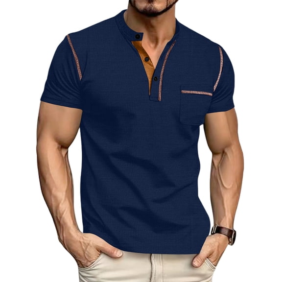 LTTVQM Men's Henley Shirts Short Sleeve Casual Lightweight Slim Fit Basic Button 2026 Spring Summer T-Shirt with Pocket Blue 3XL