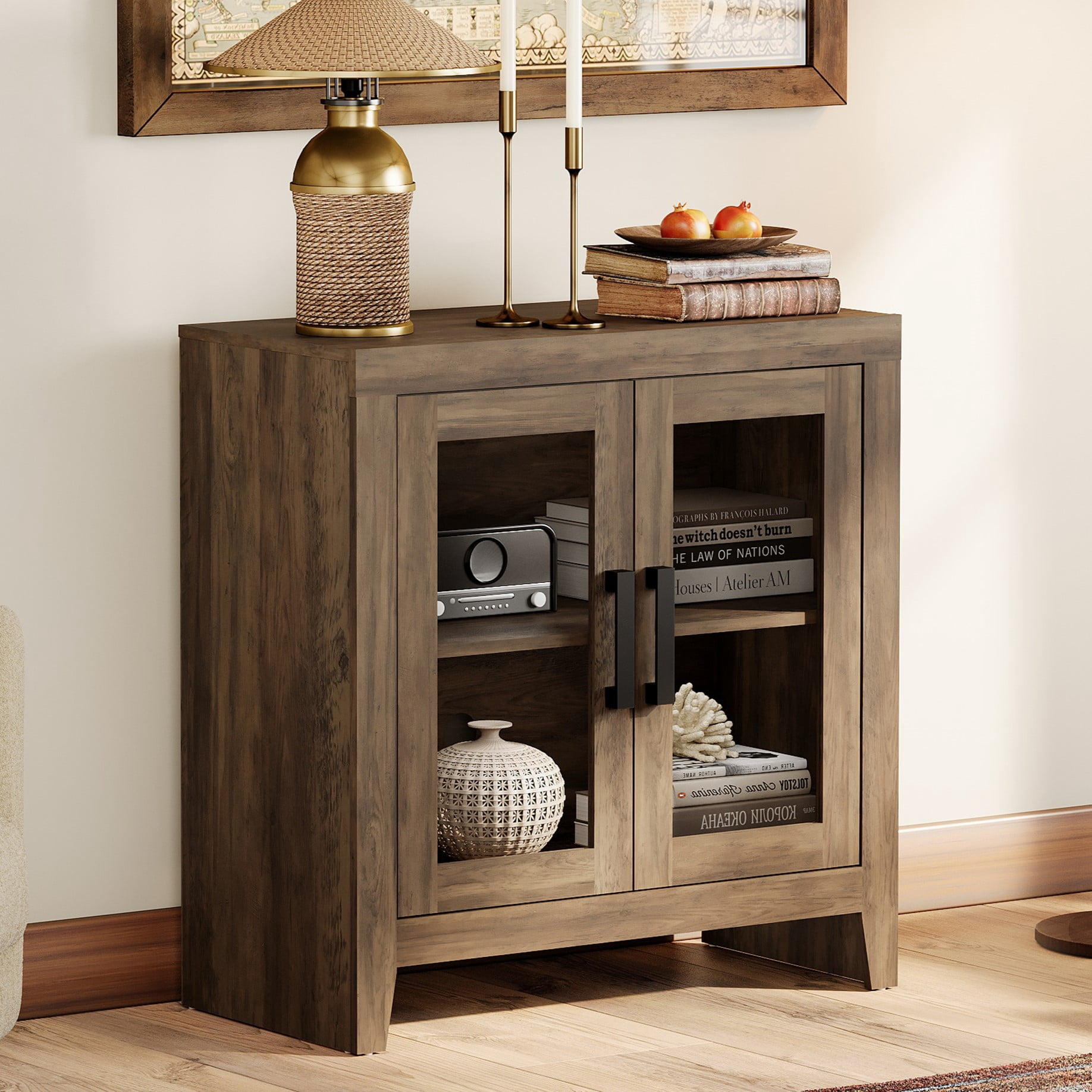 WAMPAT Modern Farmhouse TV Stand up to 40"TV, Entertainment Center with Tempered Glass Doors & Adjustable Shelves, Brown