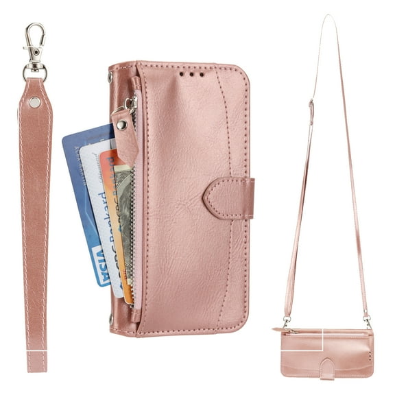 Allytech CrossBody Wallet Case for Samsung S22 Plus,Shoulder Strap + Wristlet Card Holder Kickstand Magnetic Folio Closure Zipper Flip Pouch PU Leather Case for Samsung Galaxy S22 Plus - 6.6",Rosegold