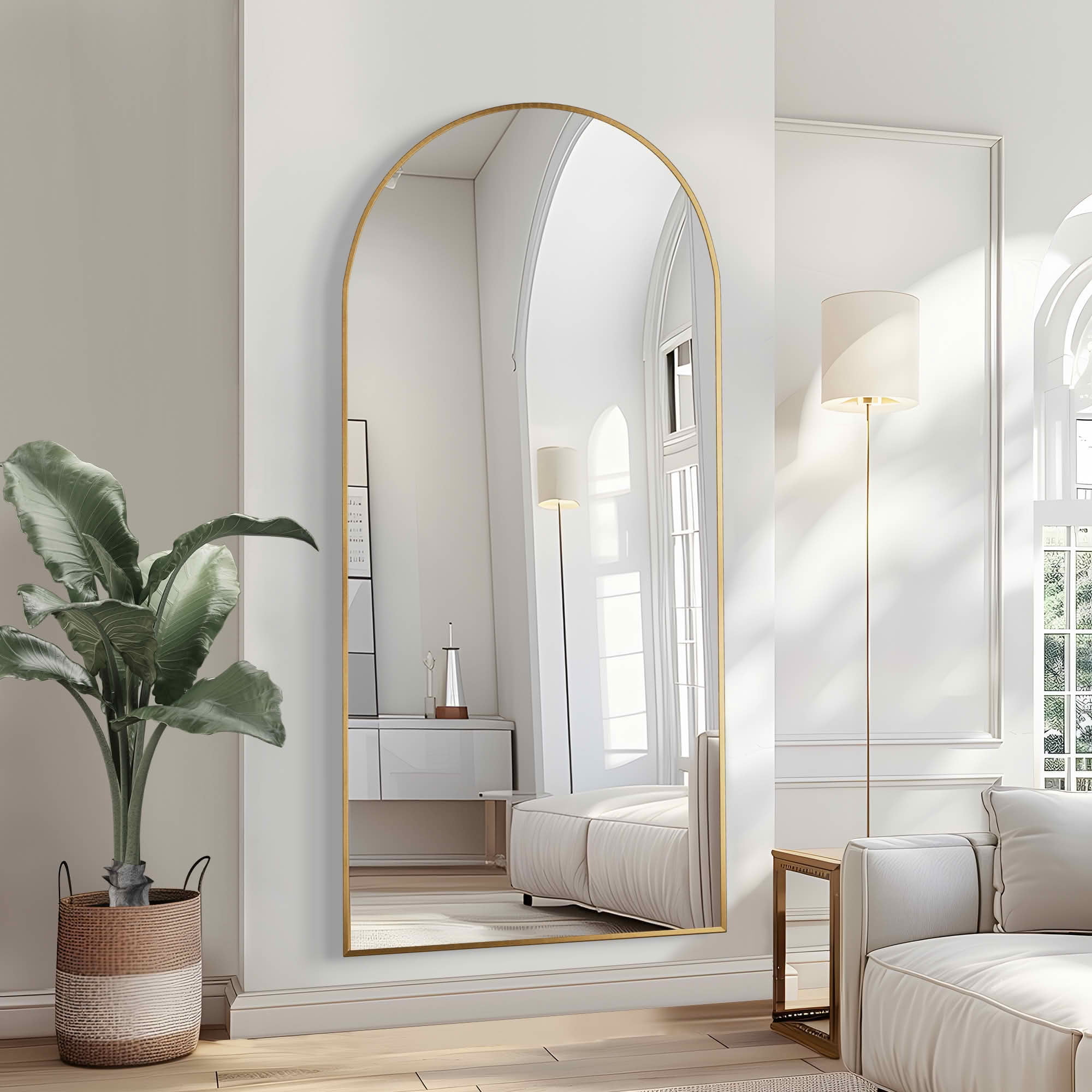 MAYEERTY 79x35x1 Inch Gold Thin Edge Aluminum Right Angle Arched Full Length Mirror with Stand for Bedroom
