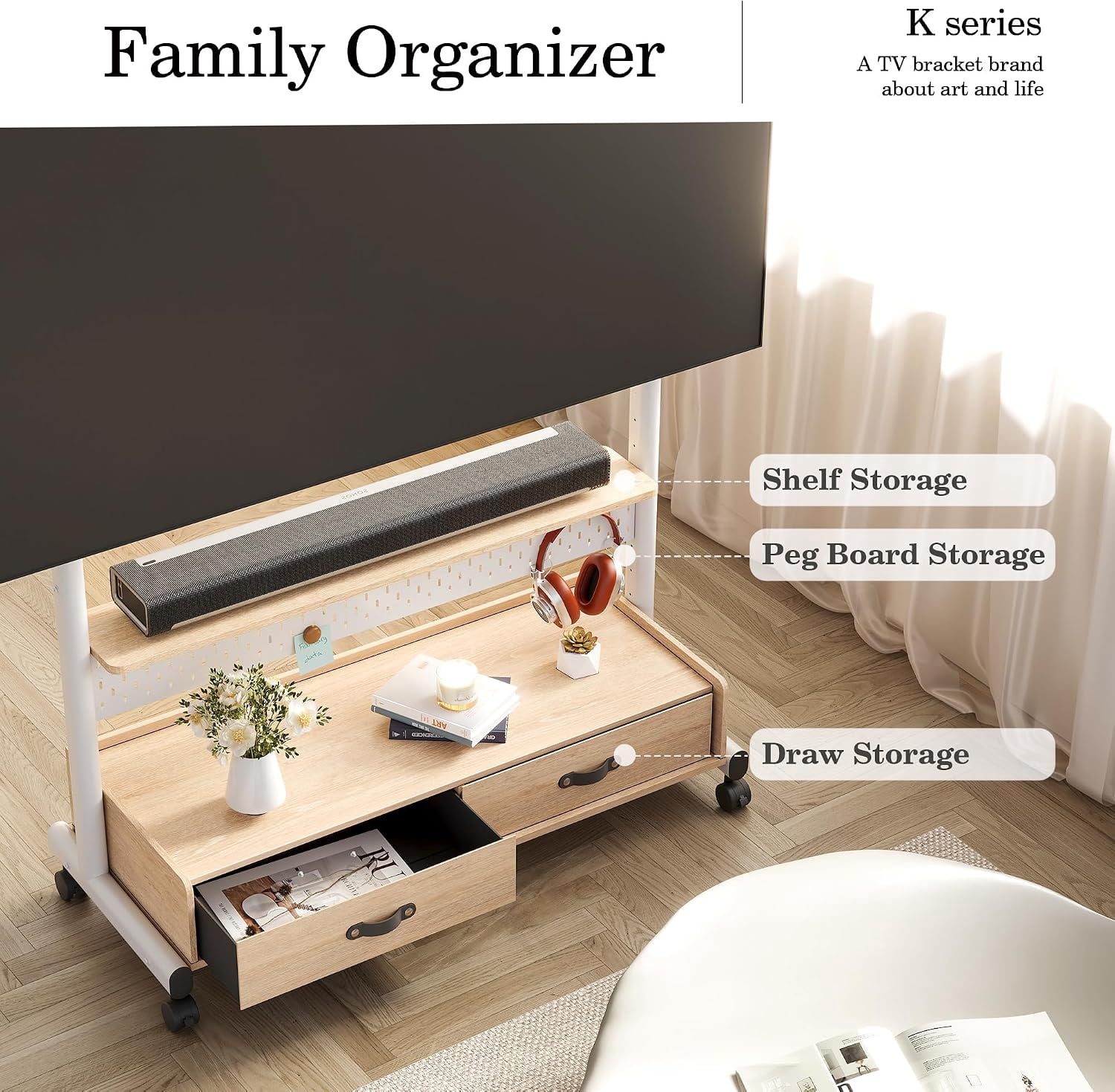 FITUEYES Rolling TV Stand for 70–100 Inch TVs, White, Wood Shelf & Pegboard