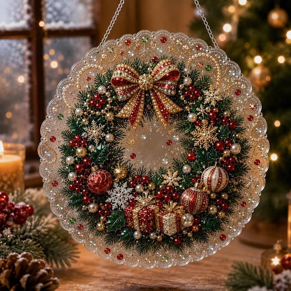 Christmas Pearl Diamond Painting Suncatcher Kit, DIY Craft | Pre-Assembled Metal Chain, Acrylic Round Board with Lace Edge, 3D Mixed-Sized Pearl Beads Craft, Festive Window Wall Christmas Decor