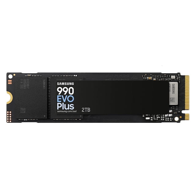 ssd samsung 990 evo plus 2tb Unidad SSD M.2 negra, vista frontal centrada de la placa con conector dorado y etiqueta "990 EVO Plus 2TB"; compatible con PCIe 4.0/5.0 según especificaciones, diseñada para almacenamiento masivo y transferencias de archivos rápidas; también suele usarse para acelerar arranques y cargas de aplicaciones.