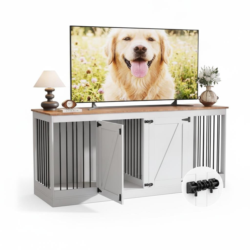Spacious Wooden Dog Crate Furniture – 70.8 Indoor Dog Kennel & Cage for 2 Dogs – Sturdy MDF Pet Enclosure – Doubles as TV Stand – Color: White