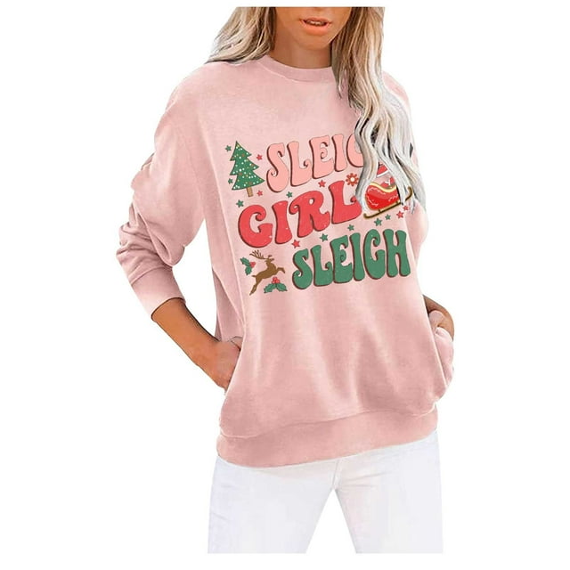 Aqestyerly Chandails de Noël à Manches Longues pour Femmes Mode Femmes Décontracté à Manches Longues Col Rond Chandail pour Dames avec Poche Hauts Blouse