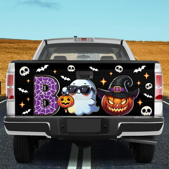 Lotusprinthandmade Boo Halloween Tailgate Wrap 2 Sizes (24"x58"), horror style boo halloween tailgate wrap, festive halloween ghost vinyl graphic