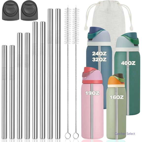 8 PCS Stainless Steel Straws for Owala Water Bottle, 4 Lengths 19oz 24oz 32oz 40oz Kids’ FreeSip 16oz, with 2 Cleaning Brush & Travel Storage Bag 2 Replacement Stopper