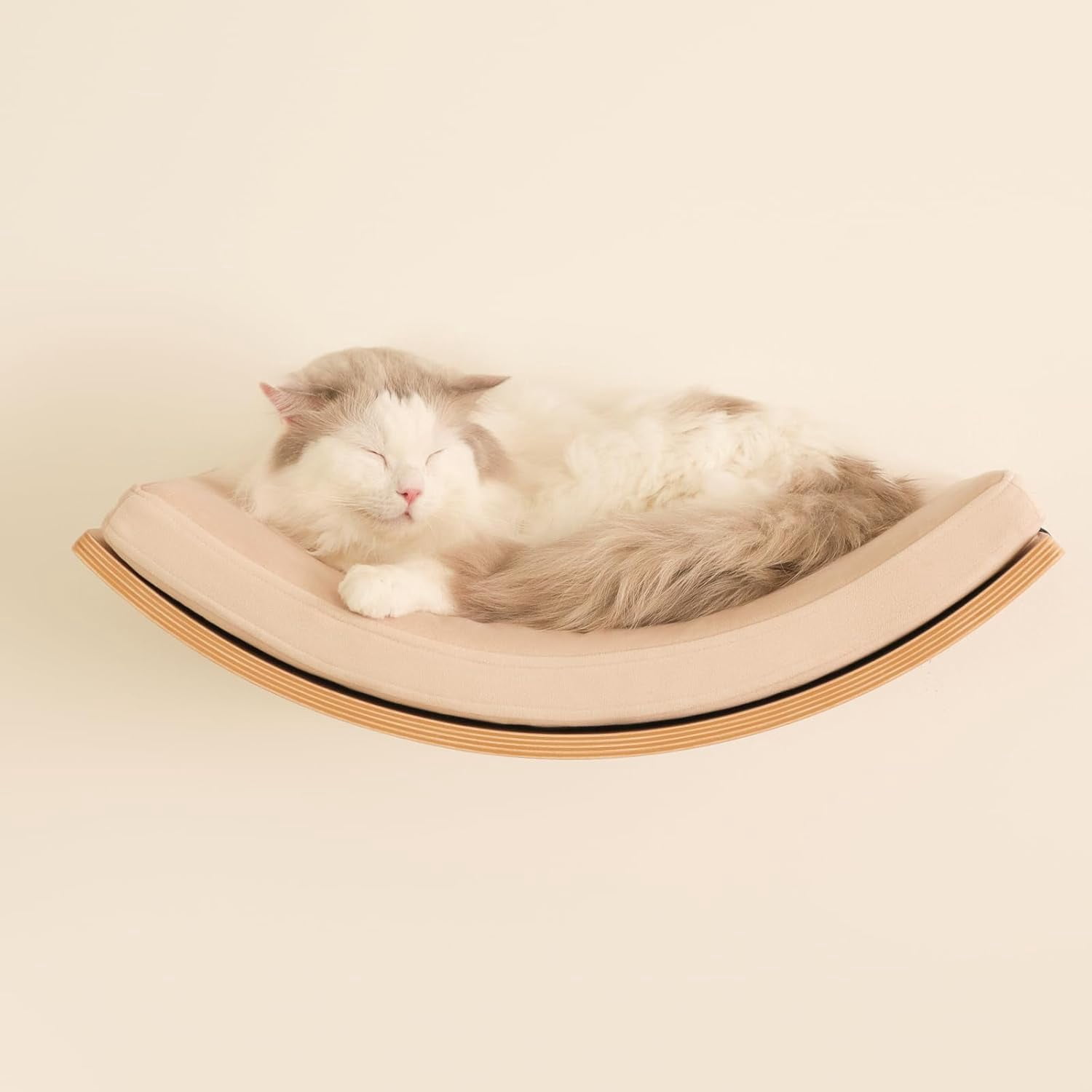 CHEERHOME PETS Curved Cat Wall Shelf – Floating Perch Bed With Cushion, Easy Install, White Oak