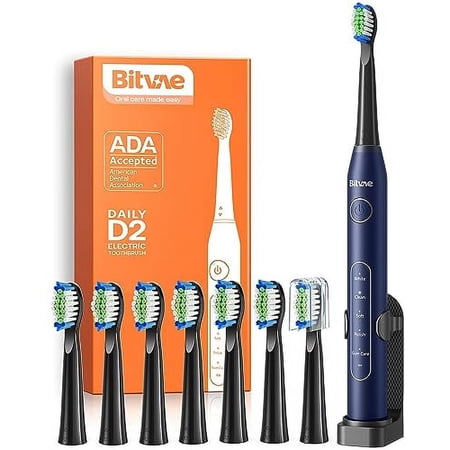 Bitvae Electric Toothbrush for Adults and Kids, ADA Accepted Sonic Toothbrush with Rechargeable Power, Travel Ultrasonic Toothbrush with 8 Heads, Midnight Blue D2