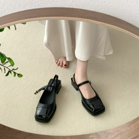 

2022 Flat Shoes Women Leather Shoes Square Toe Spring Autumn Single Shoes Mary Jane Black Simple