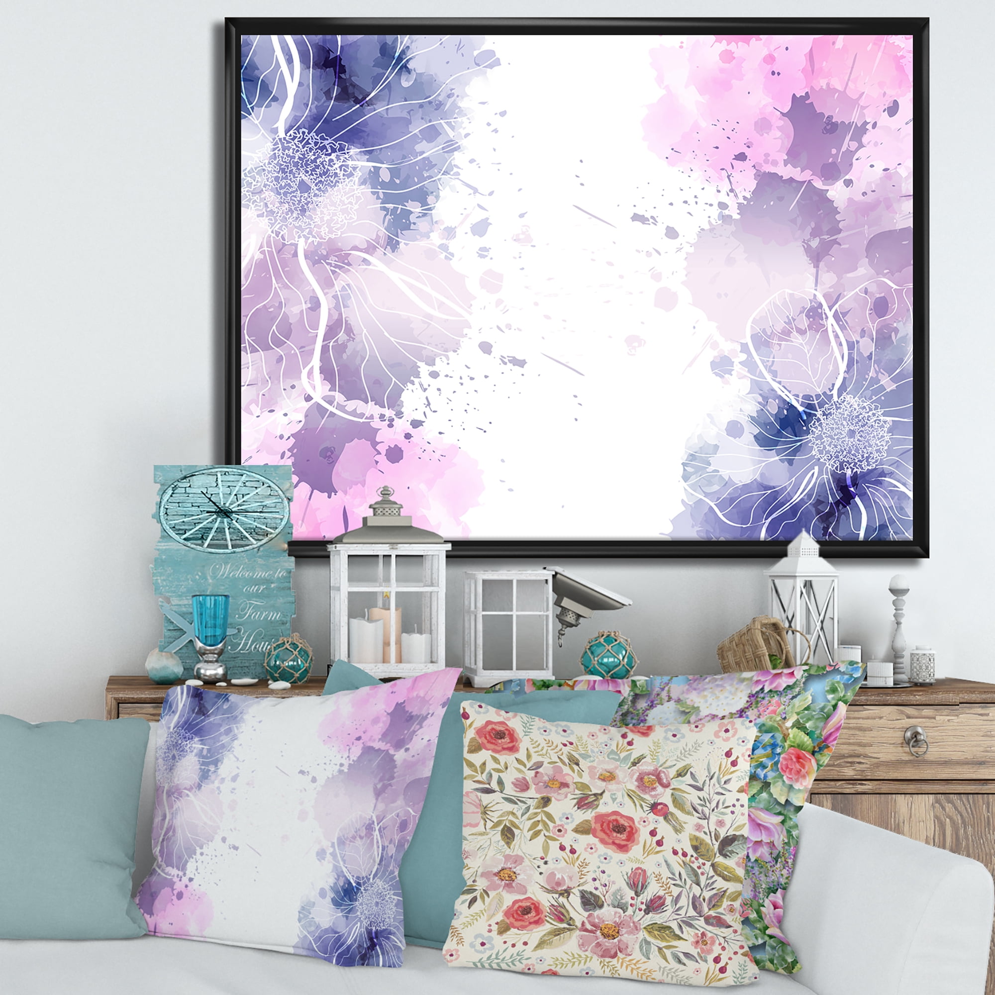 Designart 'Pink and Purple Abstract With Colorful Splashes I' Modern Framed Canvas Wall Art Print