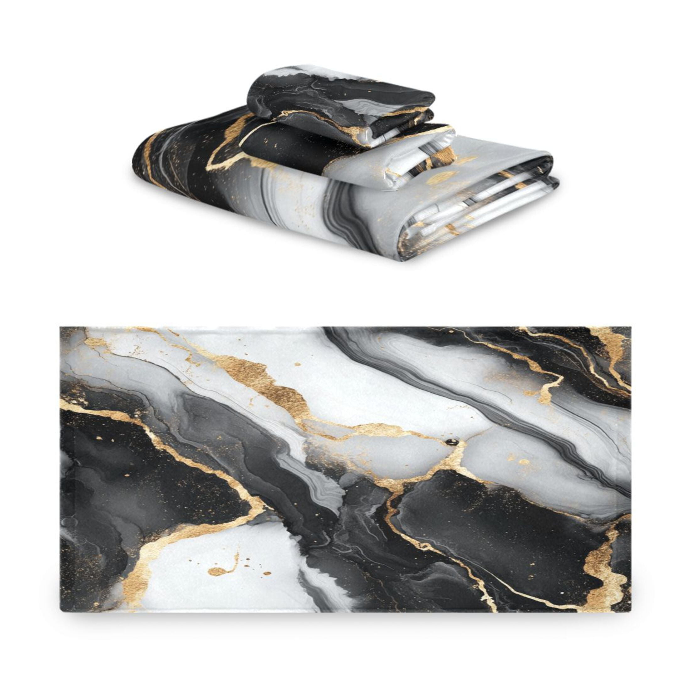 WOBOGO Gilt Black Veined Marble Ultra Soft 3 Pack Cotton Towel Set Includes 60 x 30in Bath Towel 28 x 16in Face Towel and 13 x 13in Small Square Towel for Everyday Use Lightweight and Compact